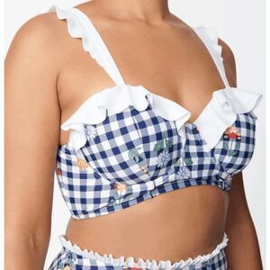 Unique Vintage Plus Size Navy Gingham & Floral Southampton Swim TOP 1X